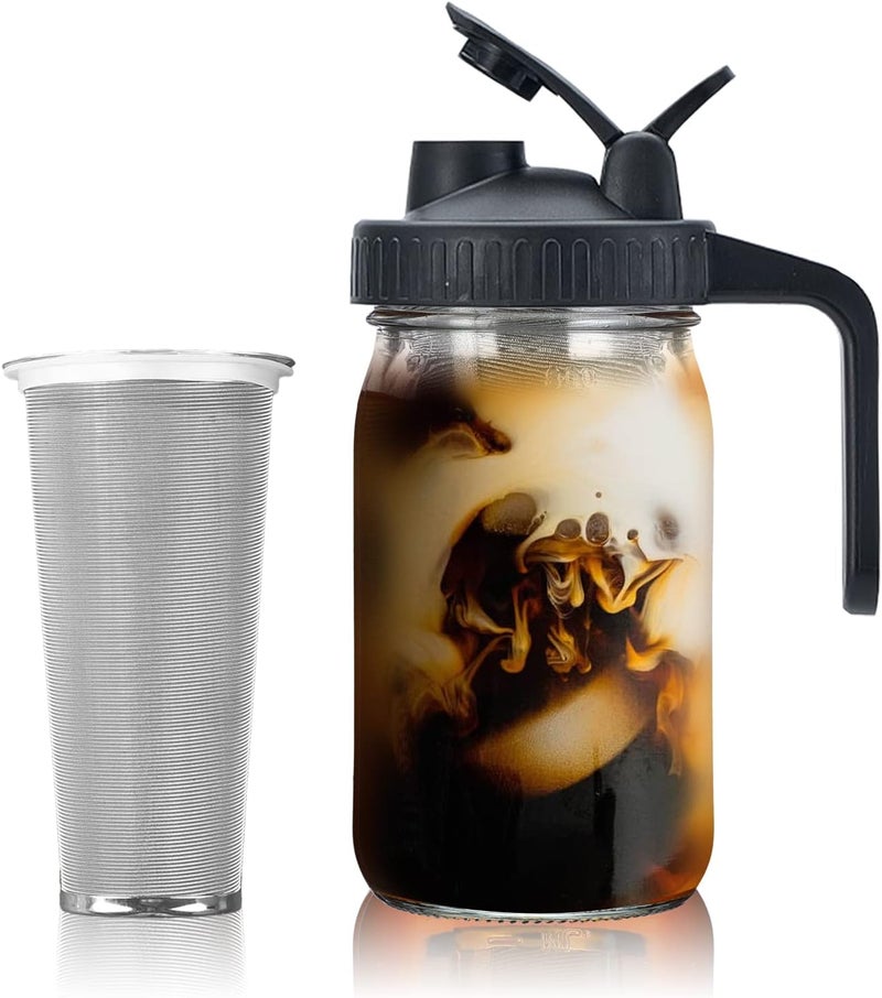 Jrssae Cold Brew Coffee Maker - 32oz Cold Brew Pitcher with Stainless Steel Super Dense Filter Easy of Use, Durable & Sturdy Classic BPA Free Sturdy Mason jar Pitcher with Black Lid Easy to Clean - Image 1